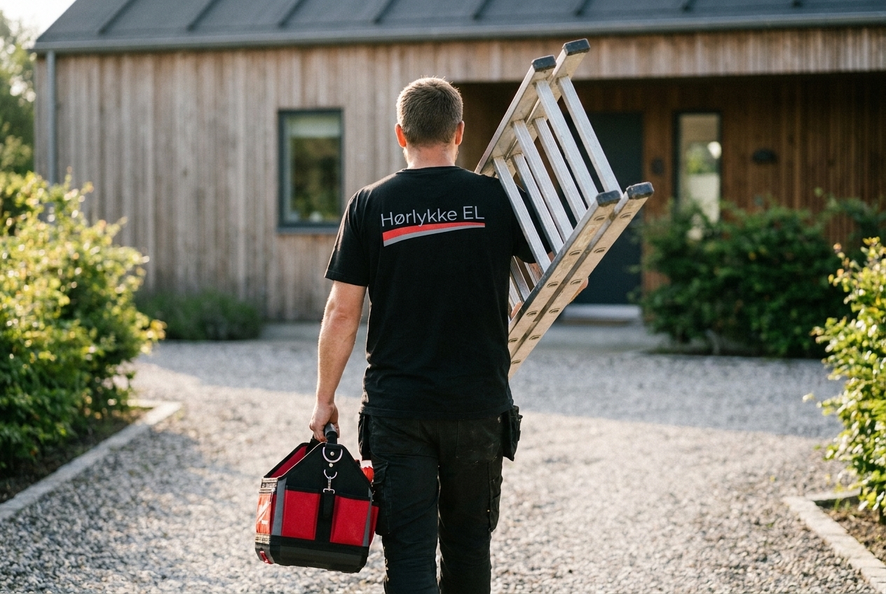 Elektriker fra Hørlykke EL på vej til en opgave med stige og værktøjstaske foran et træbeklædt hus