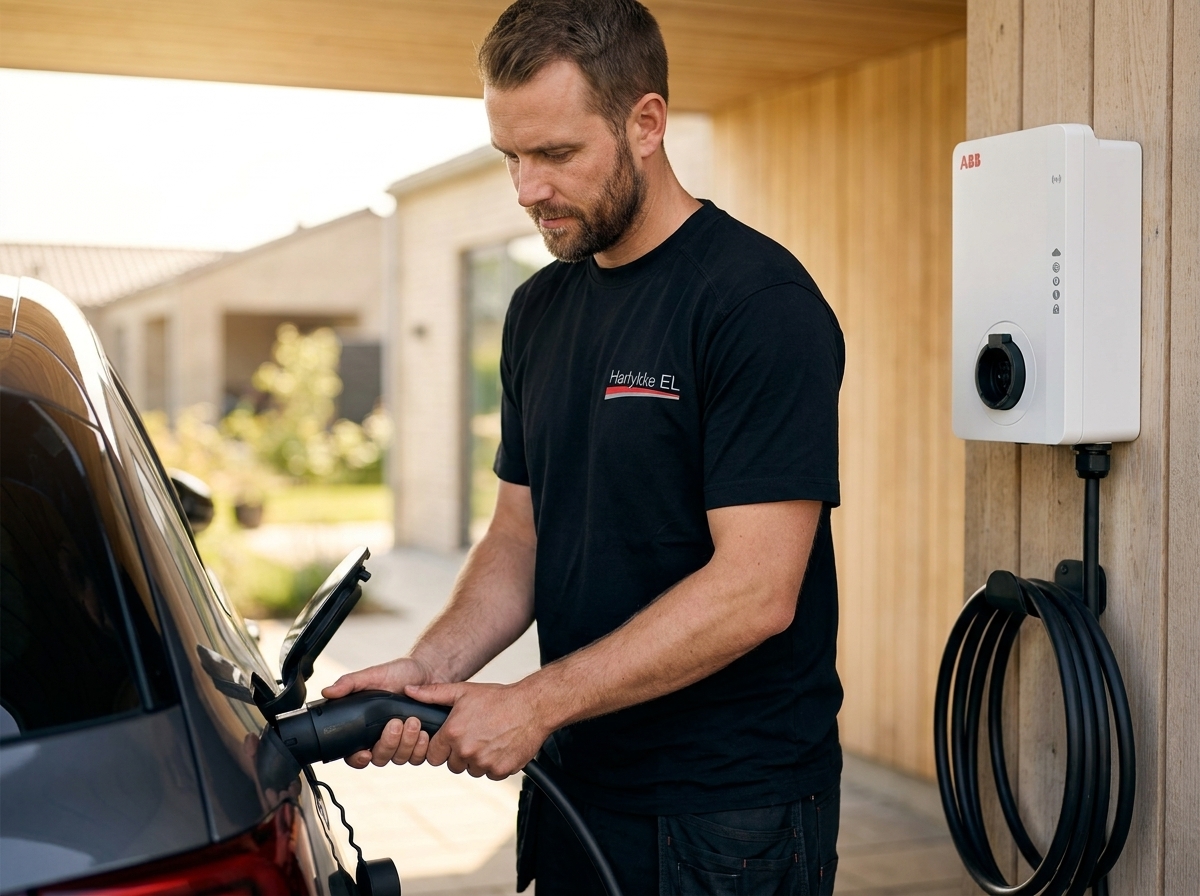 Elektriker fra Hørlykke EL tilslutter ladekabel til en elbil ved en ladeboks