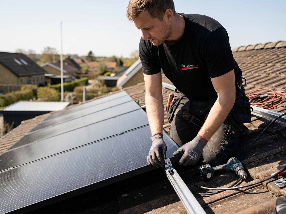 Elektriker fra Hørlykke EL monterer solcellepaneler på et tag