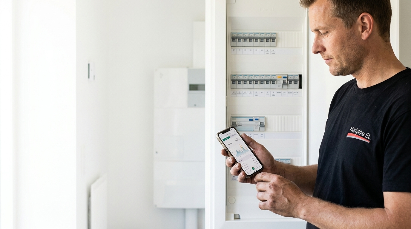energioptimering-forbrug-app Elektriker aflæser boligens elforbrug i app foran eltavlen