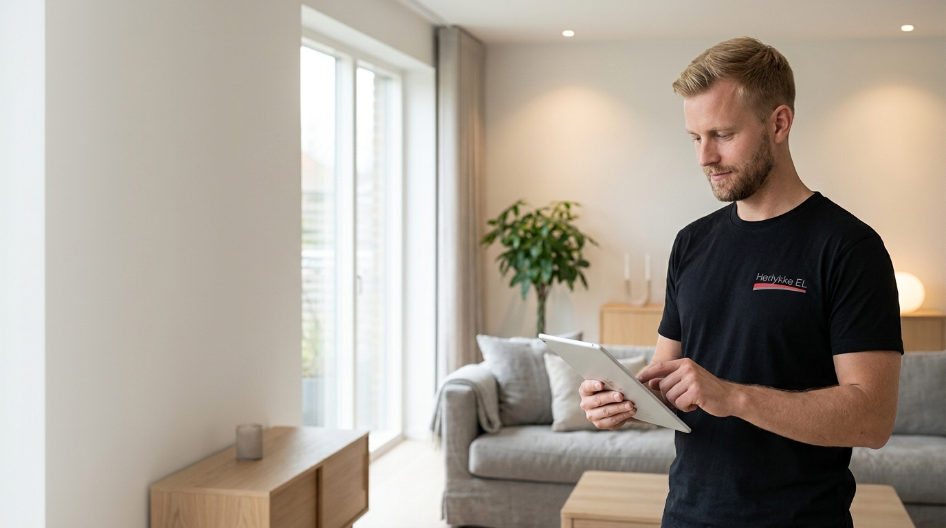 Elektriker styrer boligens intelligente installationer fra en tablet